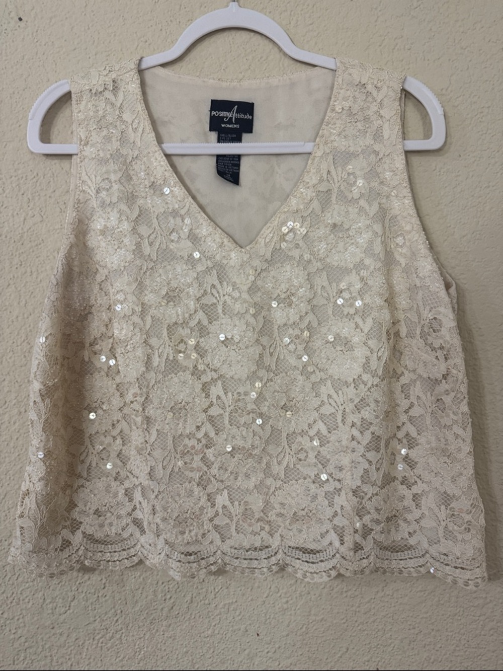 Large Cream Lace Sequin V-Neck Tank